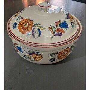 Vintage halls fantasy flowers red trim casserole covered serving dish